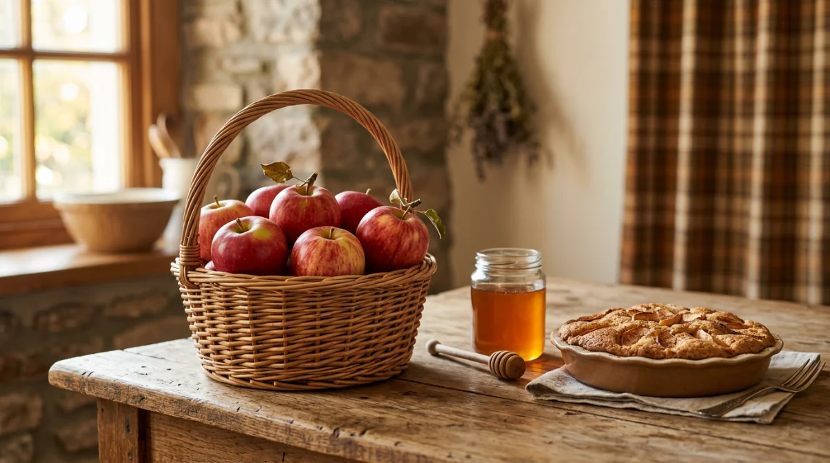 Pommes fraîches et gâteau moelleux sur une table en bois rustique – goûter avec des pommes