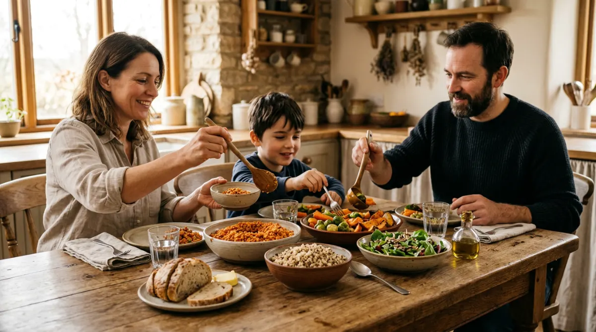 Famille heureuse partageant un repas végétarien avec lentilles, quinoa et légumes sur une table en bois rustique.