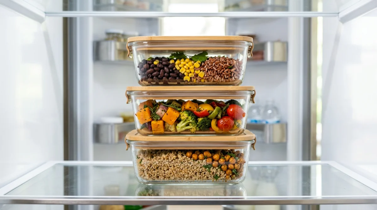 Trois boîtes en verre empilées remplies de légumes, céréales et légumineuses, rangées dans un réfrigérateur.