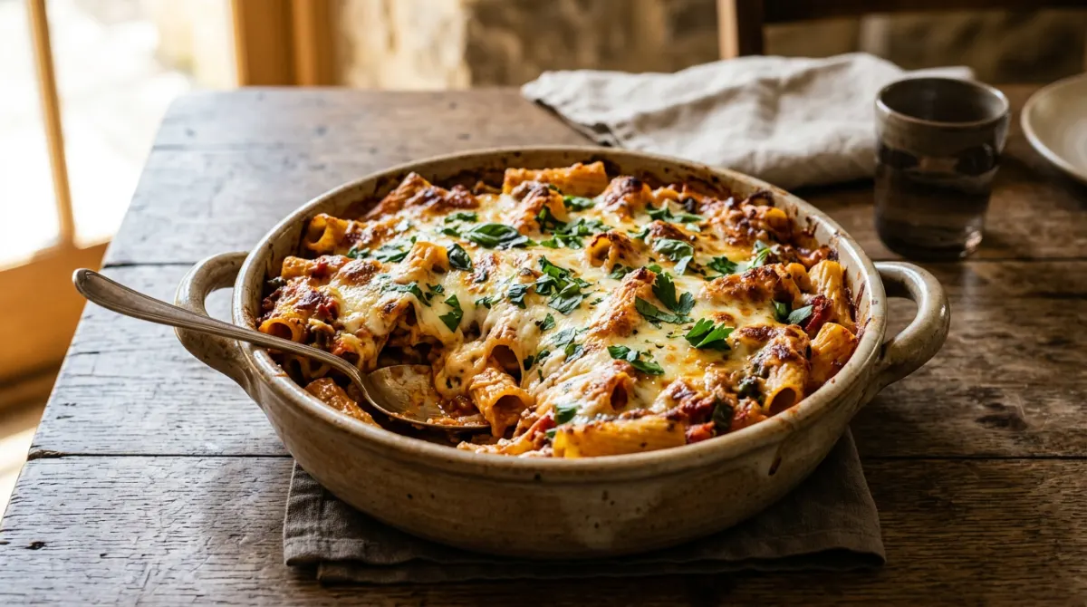 Plat de rigatonis gratinés au fromage et persil frais sur une table en bois rustique avec une cuillère