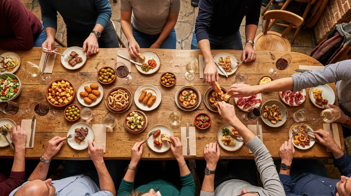 Bar à tapas : 5 clés pour associer cuisine, service et convivialité Vue aérienne d'un comptoir de partage illustrant la convivialité des tapas