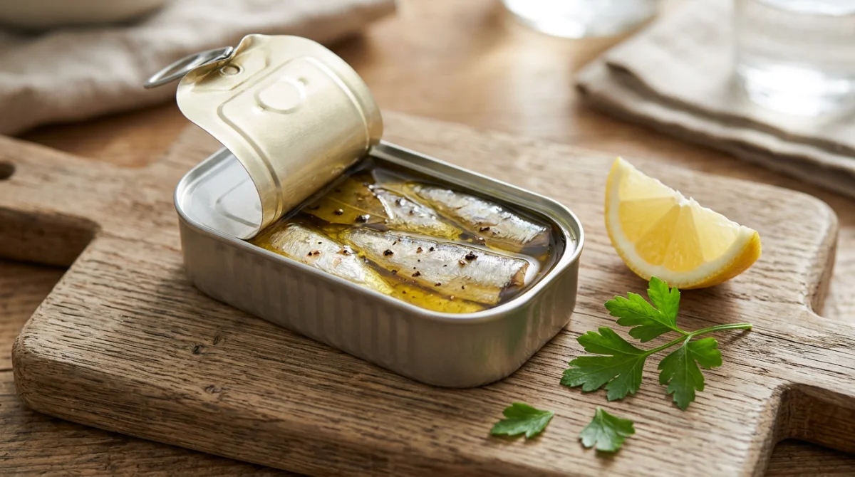Sardines Portugaises : Le Guide complet pour les déguster Boîte de sardines portugaises à l'huile d'olive ouverte sur une table en bois