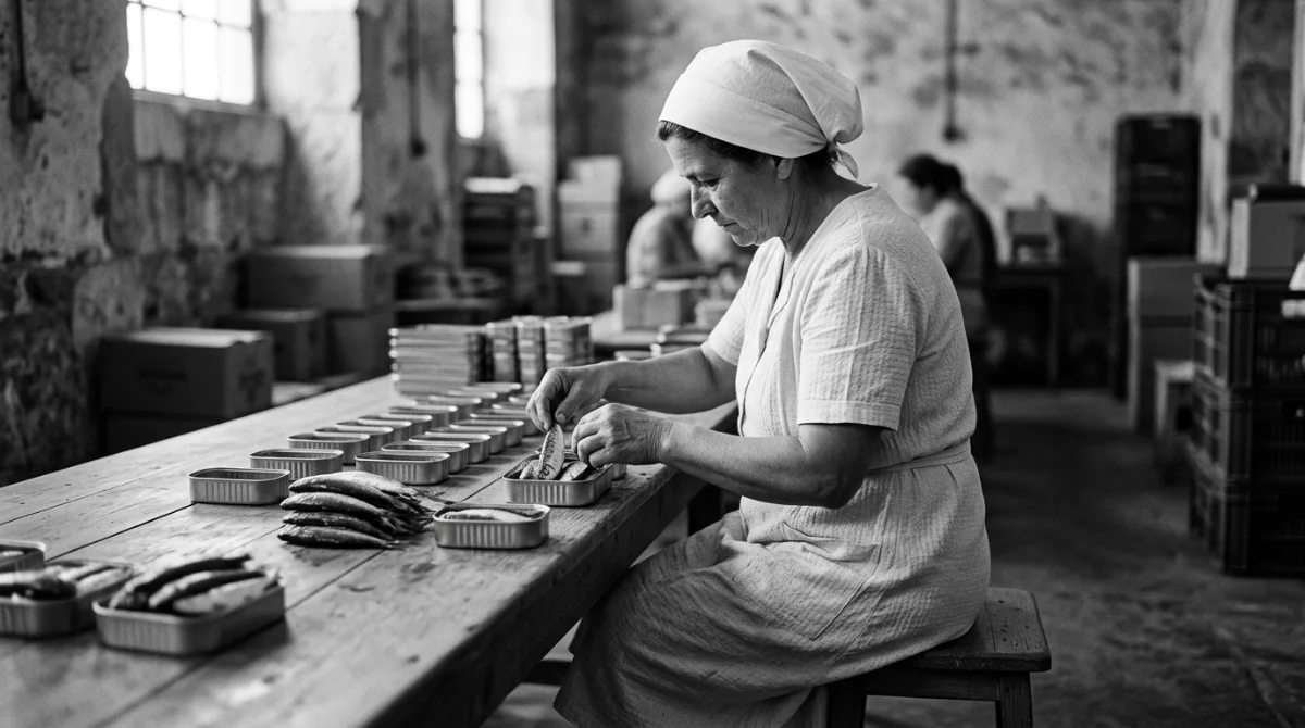 Sardines Portugaises : Le Guide complet pour les déguster Travail manuel traditionnel dans une conserverie de sardines au Portugal
