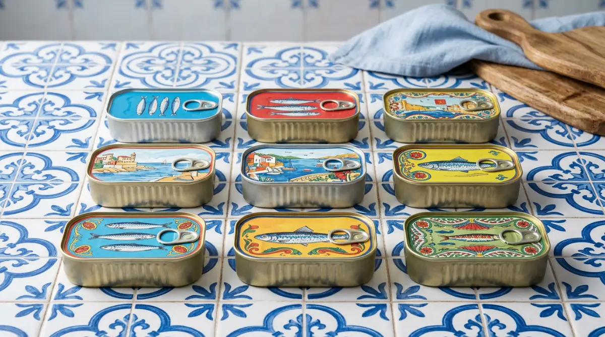 Sardines Portugaises : Le Guide complet pour les déguster Collection de boîtes de sardines portugaises aux designs artistiques sur azulejos