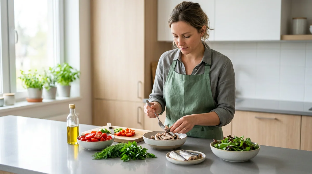 Sardines Portugaises : Le Guide complet pour les déguster Préparation d'une salade de sardines aux herbes fraîches dans une cuisine lumineuse