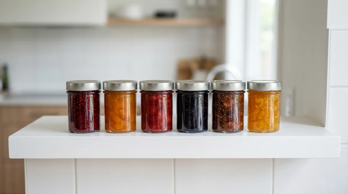 Conserver ses recettes maison : quels contenants choisir ? Six pots de confiture servant de contenants pour conservation alimentaire sur un comptoir de cuisine