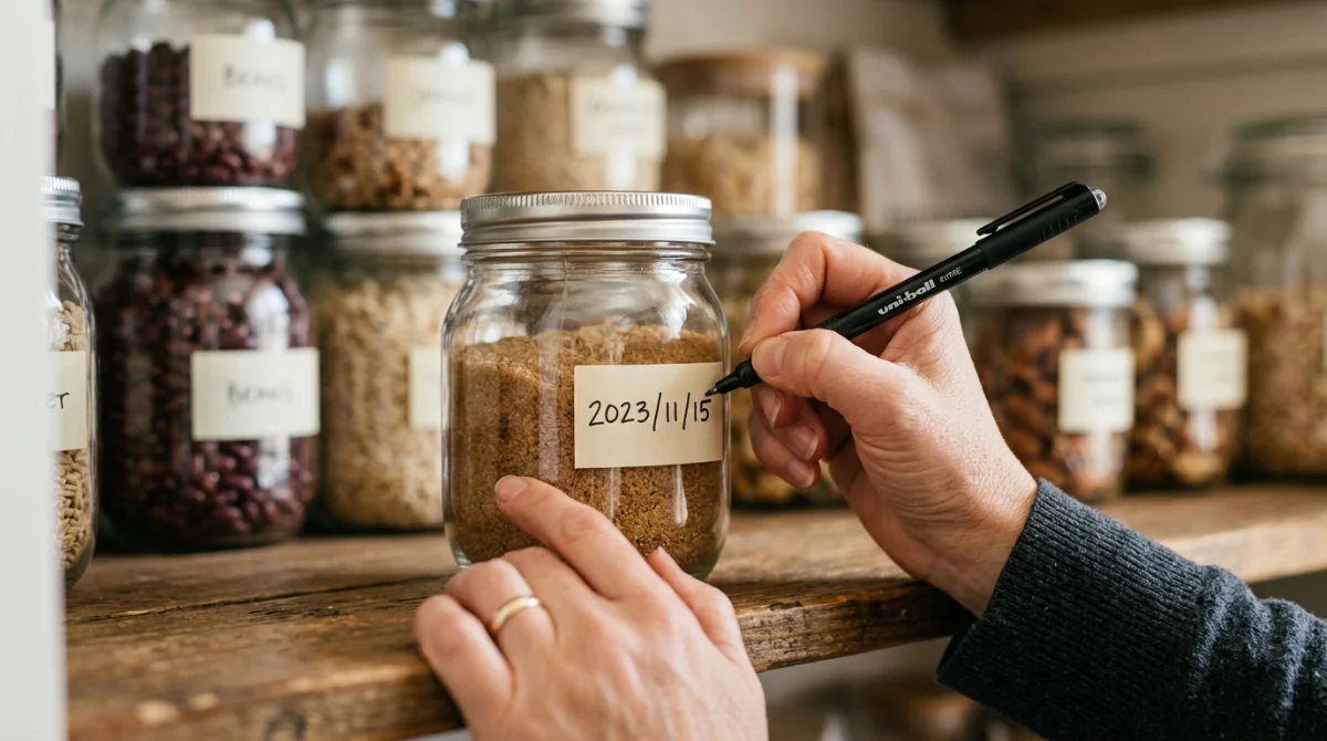 Conserver ses recettes maison : quels contenants choisir ? Une main date un bocal parmi les contenants pour conservation alimentaire rangés sur une étagère