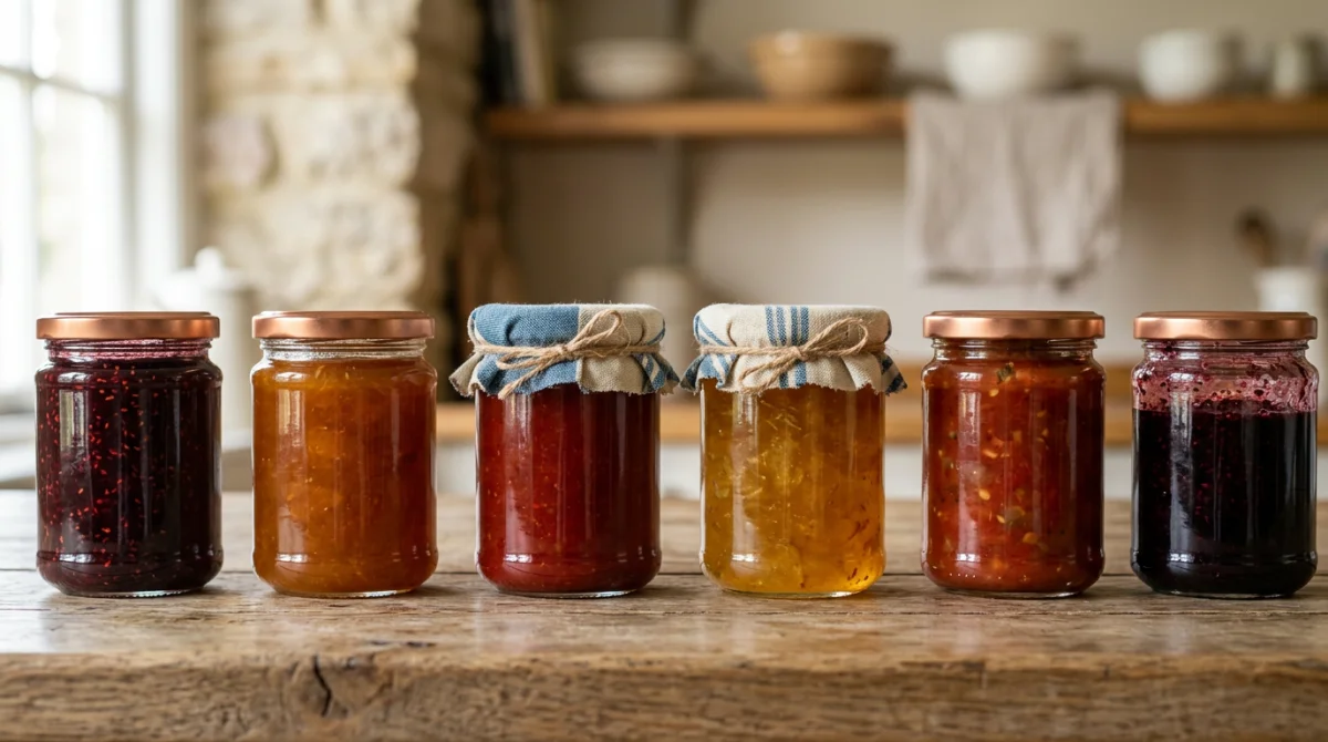 Conserver ses recettes maison : quels contenants choisir ? Contenants pour conservation alimentaire en verre garnis de confitures maison alignés sur une table en bois