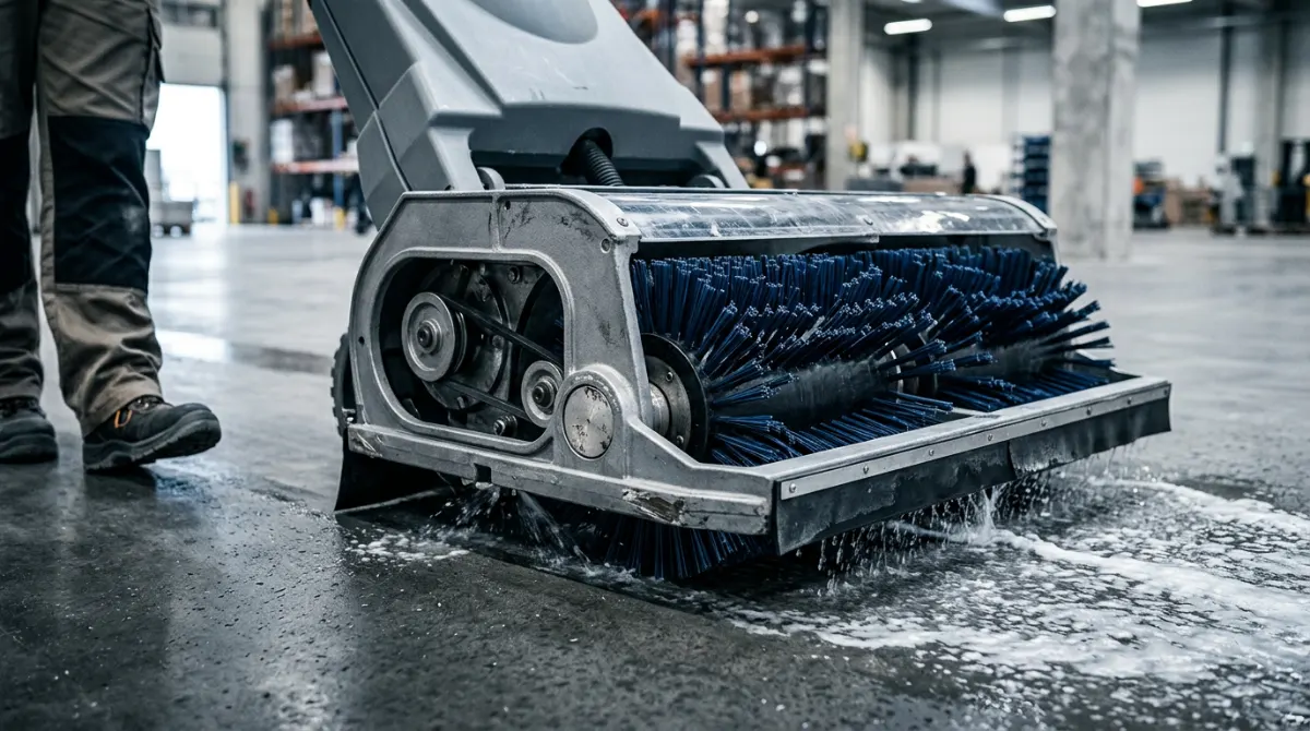 Zoom sur le système de brosses d'une autolaveuse Tennant – Autolaveuse locataire