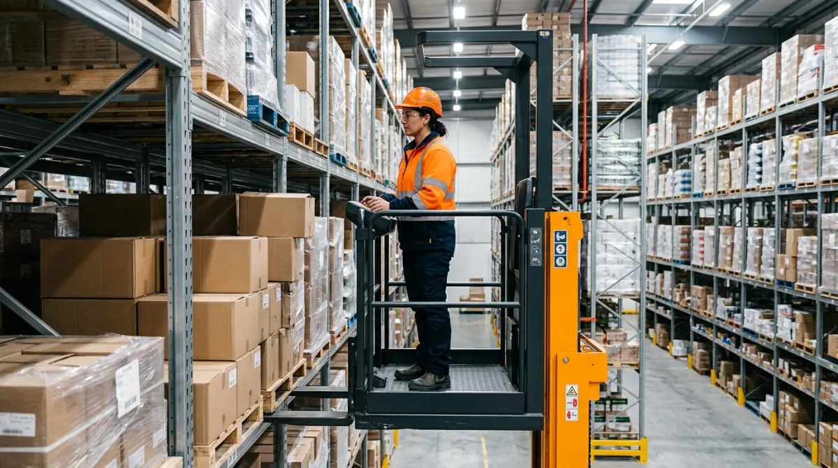Préparateur de commande grande hauteur en action dans un entrepôt moderne