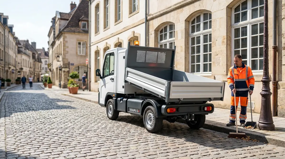 Goupil G4 avec benne basculante en intervention urbaine – véhicule électrique goupil
