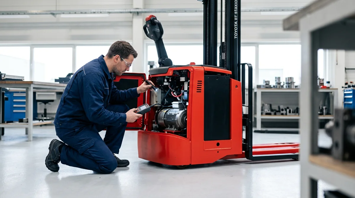Inspection technique d'un gerbeur Toyota dans notre atelier de reconditionnement – ​​Gerbeur Toyota d'occasion