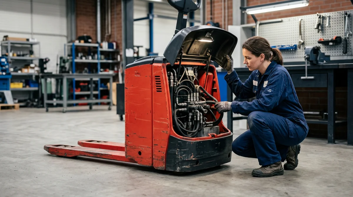 Inspection technique d'un transpalette électrique Toyota en atelier – Transpalette Toyota d'occasion