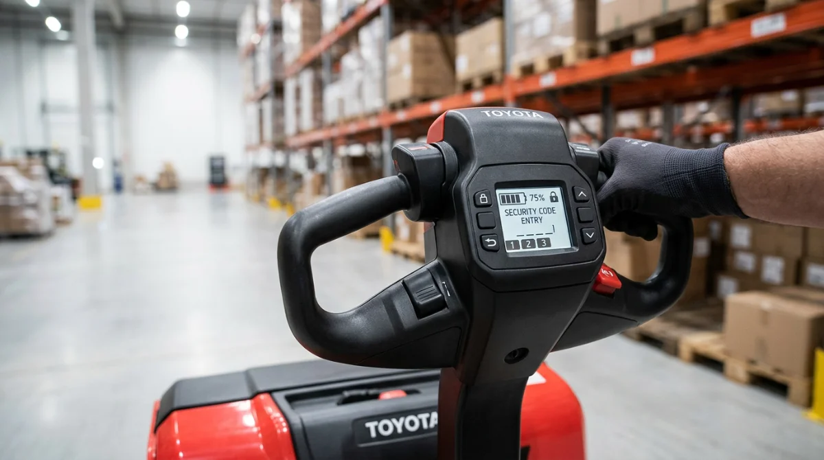 Détail du panneau de commande d'un transpalette électrique Toyota – Transpalette Toyota d'occasion