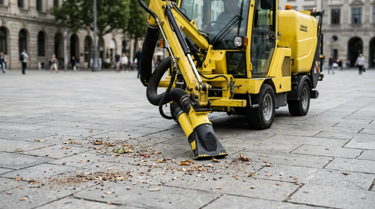 Aspirateur de voirie en action dans un centre-ville – Aspirateur de voirie d'occasion