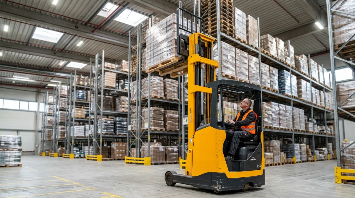 Chariot à mât rétractable en opération dans un entrepôt logistique – Chariot à mât rétractable d'occasion