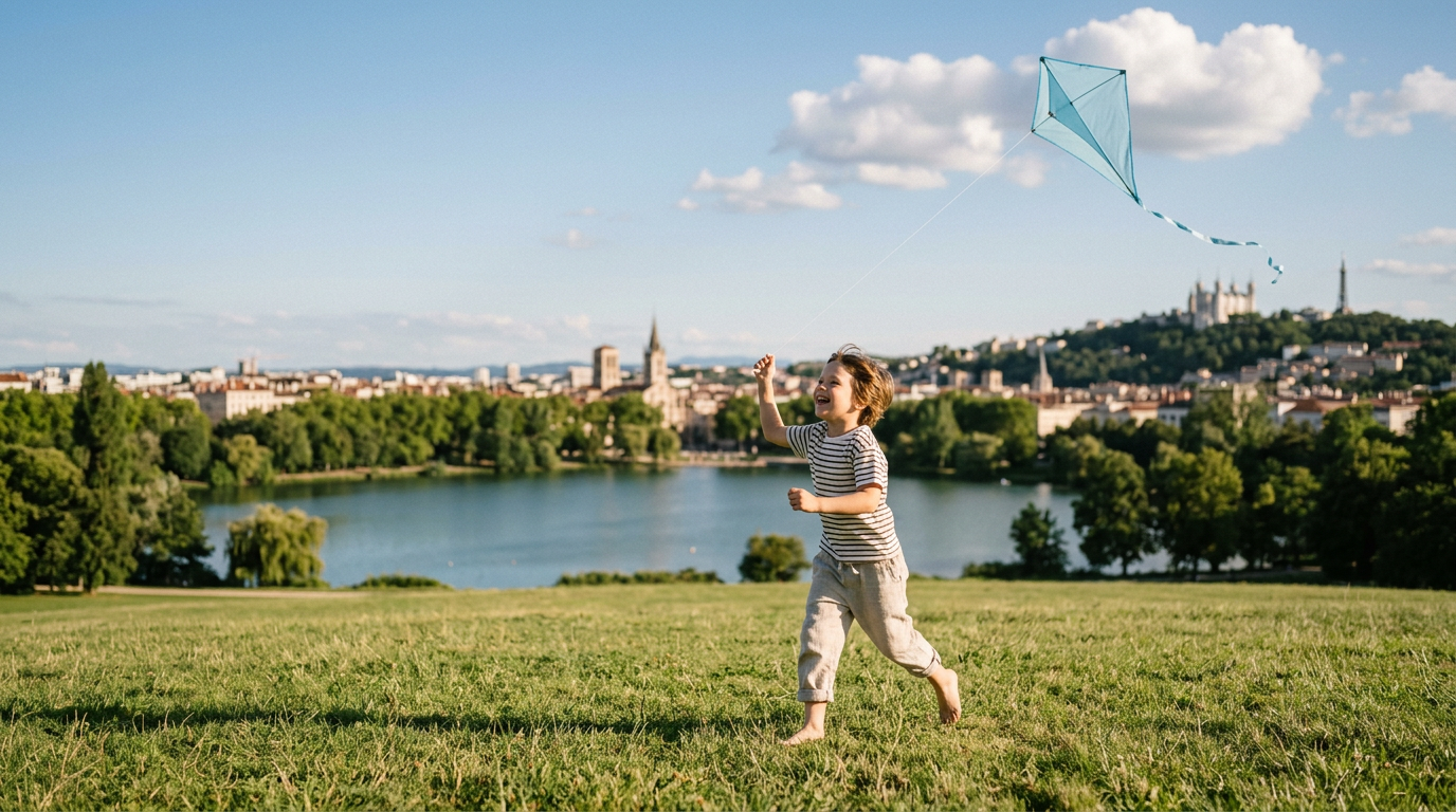 Enfants s'amusant dans un grand parc lyonnais sous le soleil – activité enfant Lyon