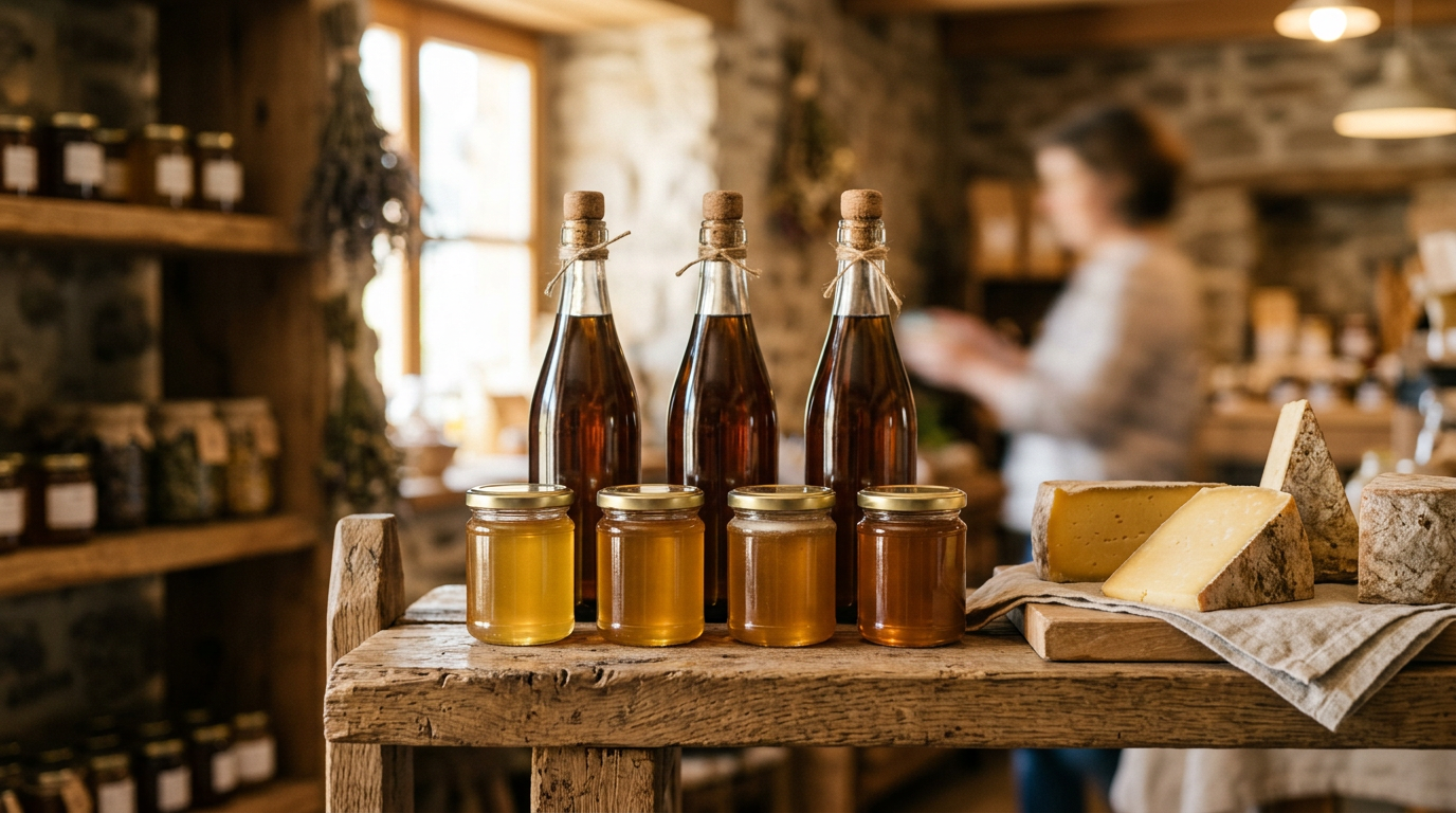 Produits locaux artisanaux proposés en vente directe dans une ferme bretonne – agritourisme Bretagne