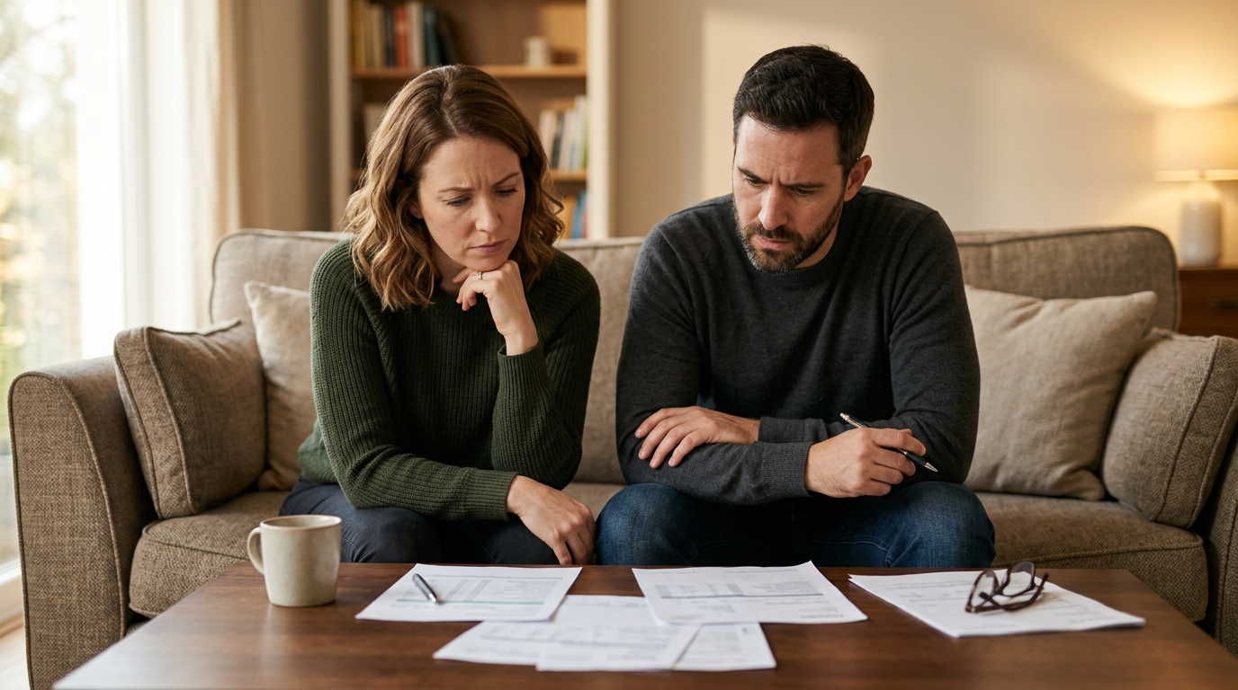 Un couple consultant des documents financiers sereinement – Assurance prêt immobilier