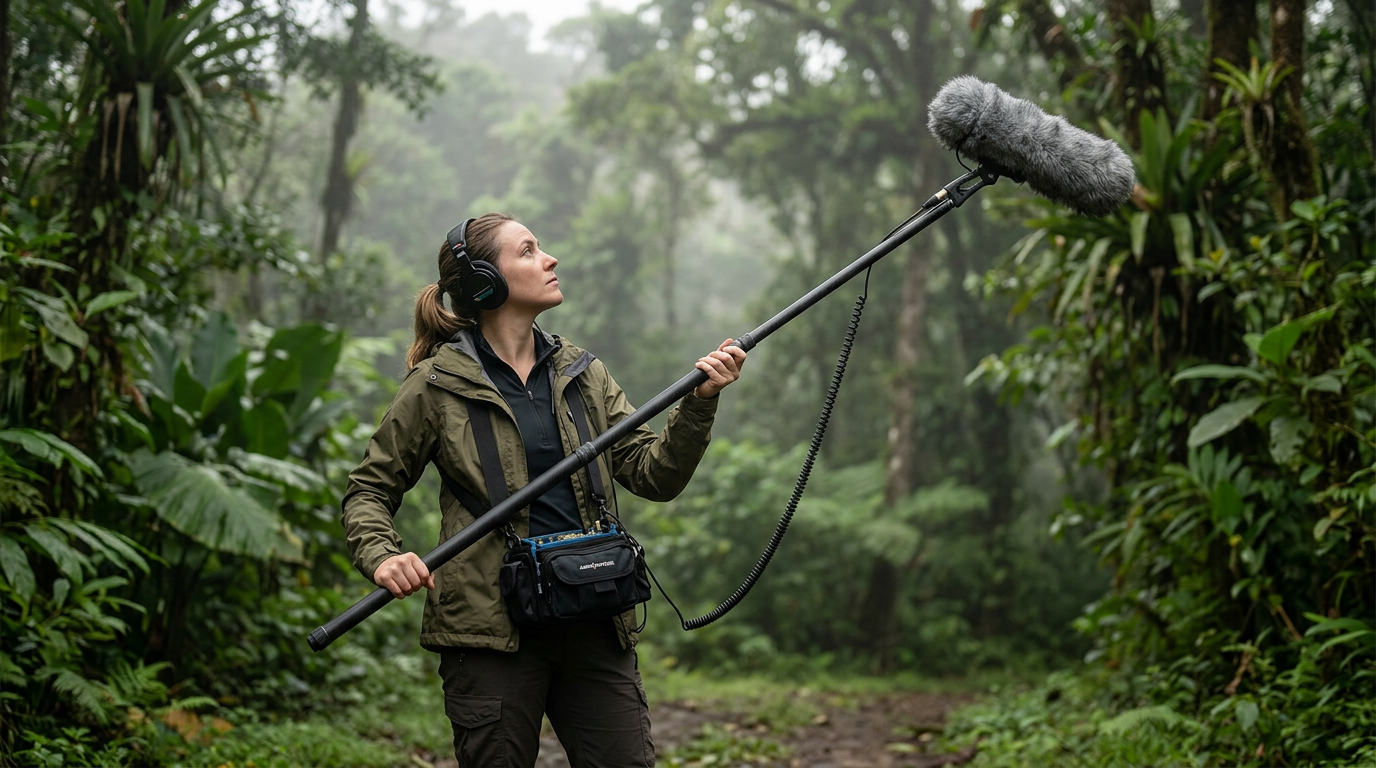 Un spécialiste enregistrant les sons de la forêt pour une étude bioacoustique – bioacoustique zones touristiques