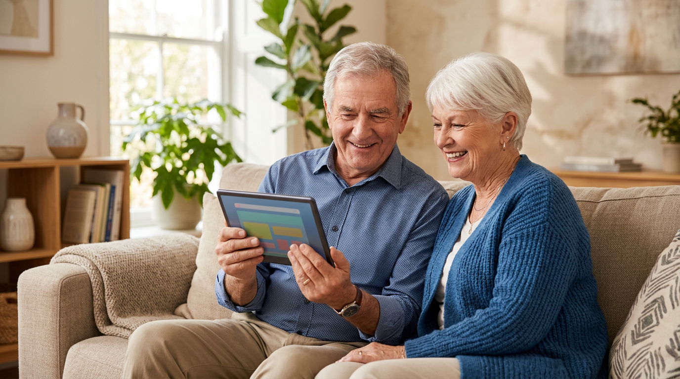 Seniors consultant leurs droits à la complémentaire santé sur une tablette – C2S participative combien ça coûte