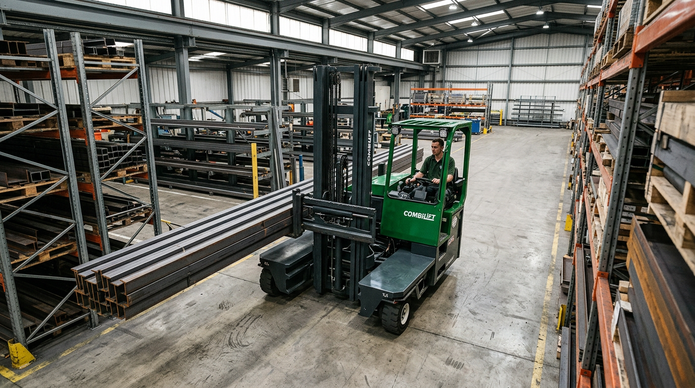Chariot multidirectionnel Combilift en action dans un entrepôt étroit – chariot élévateur combilift occasion