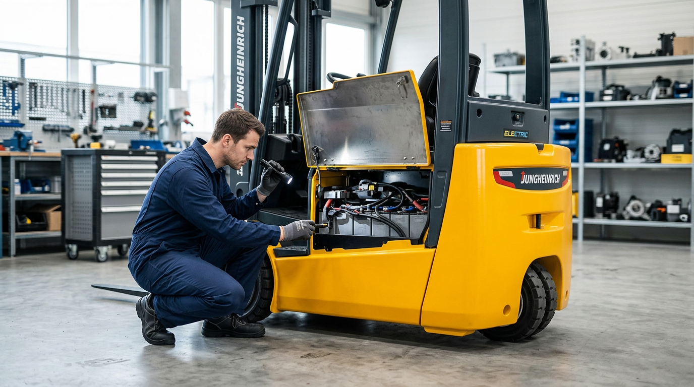 Inspection technique d'un chariot élévateur Jungheinrich en atelier de reconditionnement – chariot elevateur jungheinrich occasion