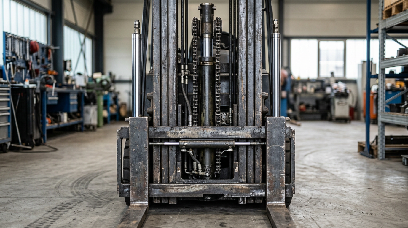 Détail du mât et des vérins hydrauliques d'un chariot élévateur – Chariot élévateur Manitou occasion