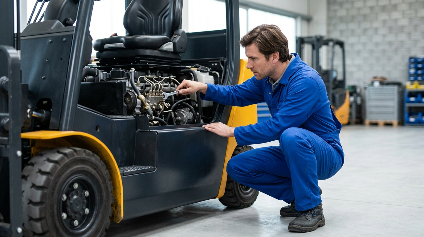 Technicien expert inspectant le moteur d'un chariot Manitou – Chariot élévateur Manitou occasion