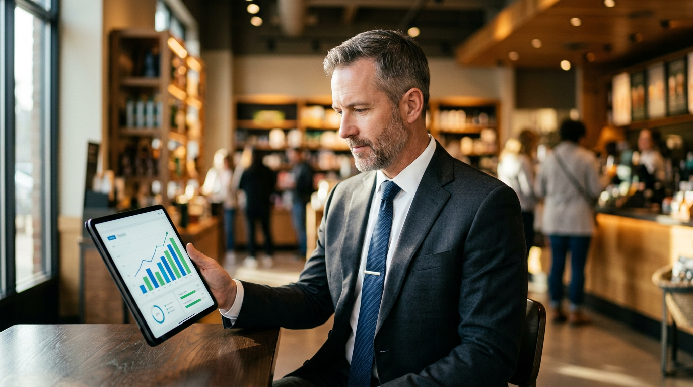 Un chef d'entreprise consultant ses contrats d'assurance sur tablette – Comparatif assurance multirisque pro