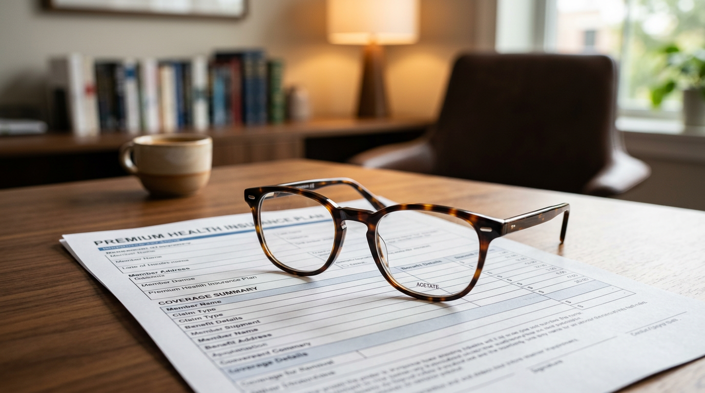 Lunettes de vue posées sur un contrat de mutuelle santé – Complémentaire Santé 2026