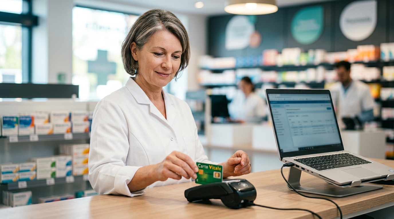 Pharmacien utilisant une carte Vitale pour le tiers payant – Complémentaire Santé 2026