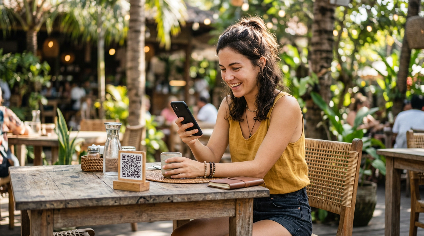 Un voyageur payant son café en scannant un QR code avec son téléphone – cryptomonnaie de voyage