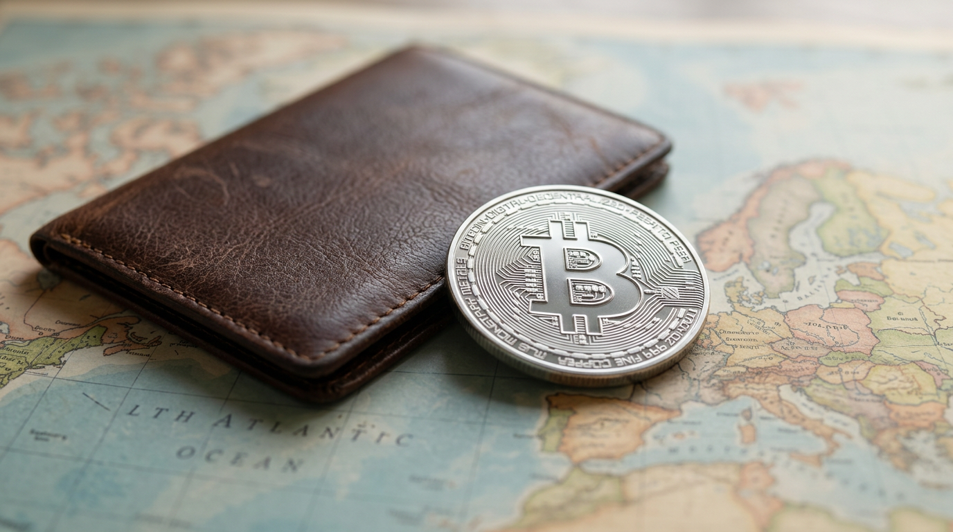 Une pièce de monnaie Bitcoin posée sur une carte du monde à côté d'un passeport – cryptomonnaie de voyage