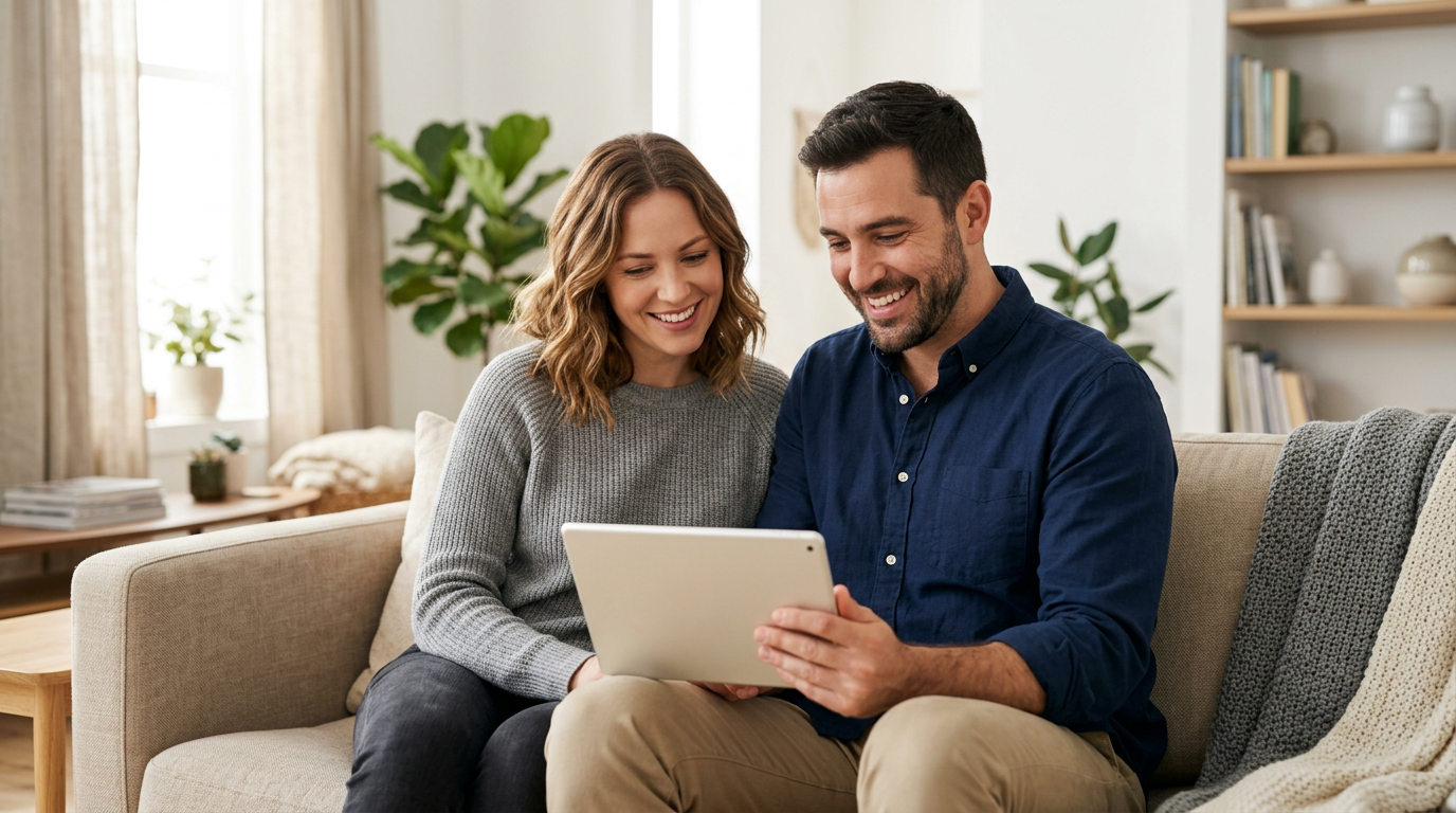 Un couple simulant des économies sur leur assurance de prêt – Délégation assurance prêt immobilier