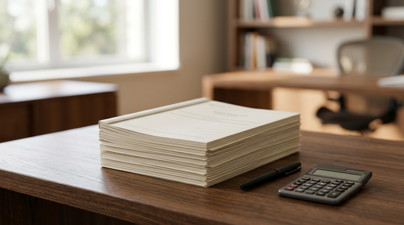 Dossier épais sur la délégation assurance prêt immobilier, calculatrice et stylo sur bureau en bois.
