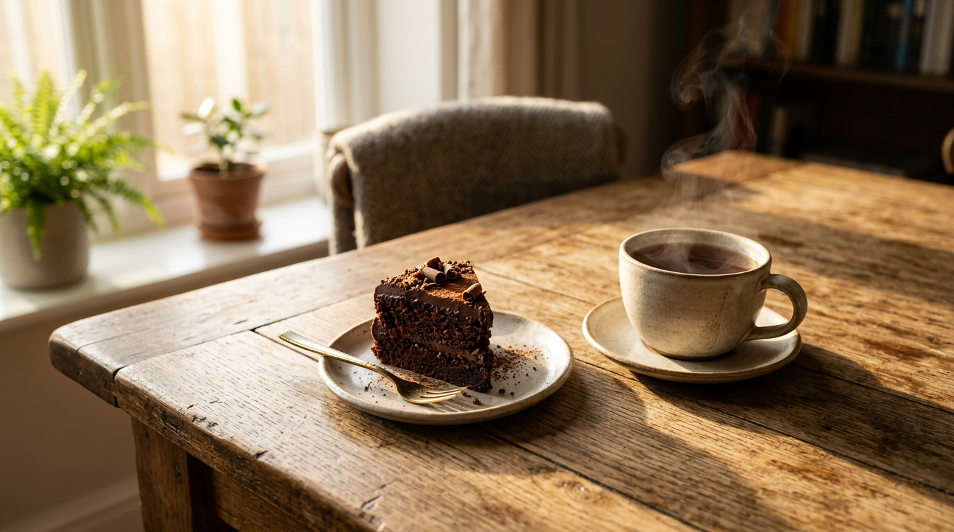 Un morceau de gâteau au chocolat fondant et une tasse de thé fumante sur une table en bois – Gouter gourmand