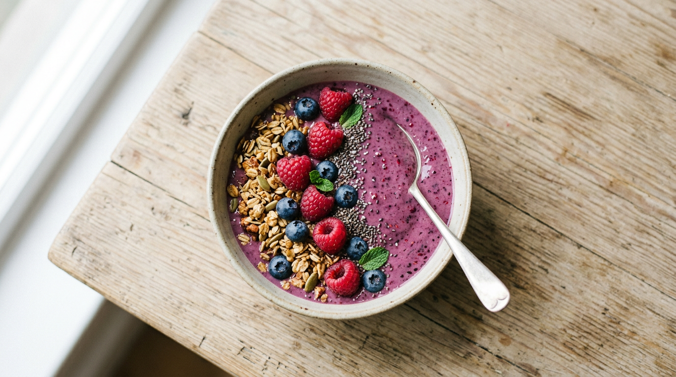 Un smoothie bowl coloré garni de fruits frais et de granola – Gouter gourmand