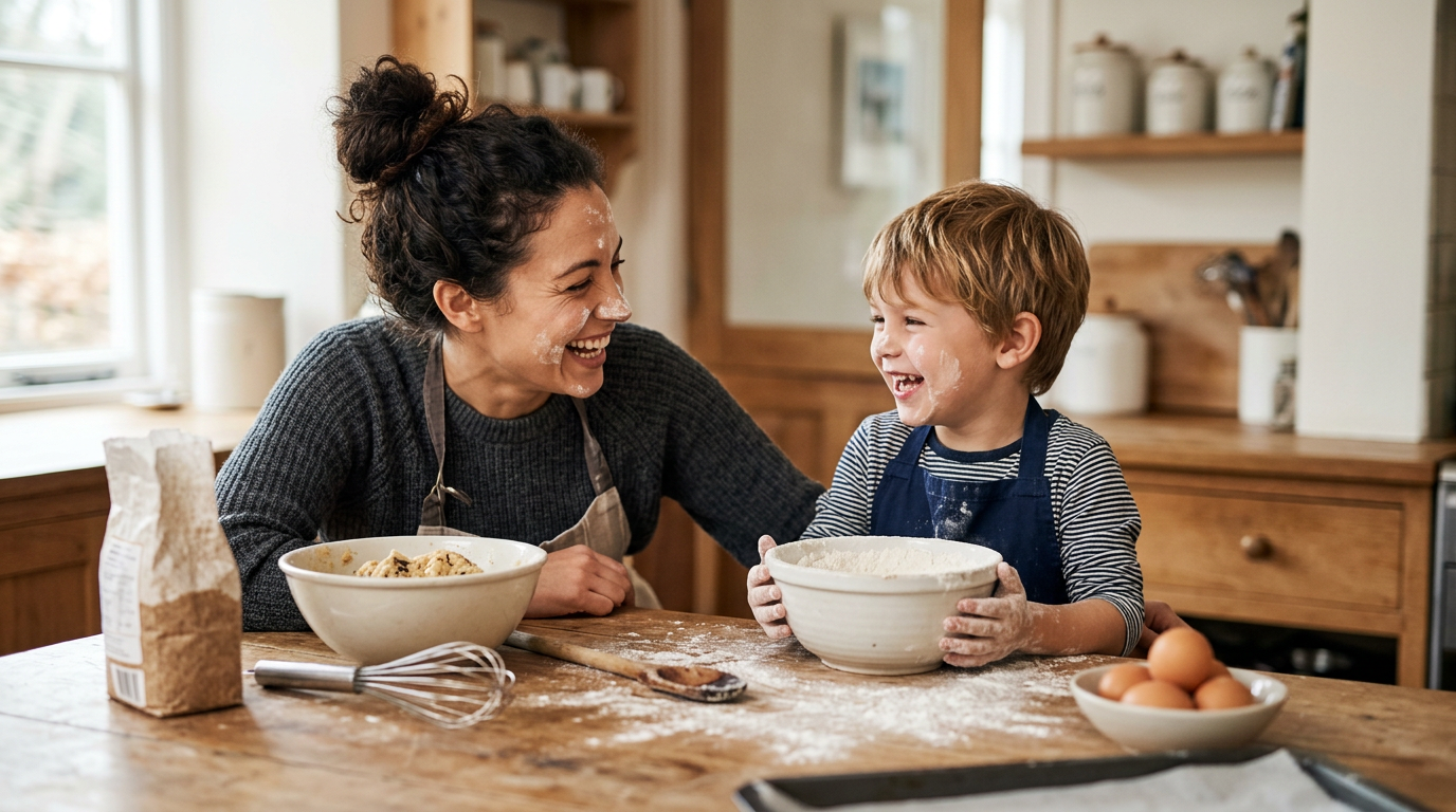 Une mère et son fils préparant ensemble des pâtisseries dans une cuisine lumineuse – Gouter gourmand