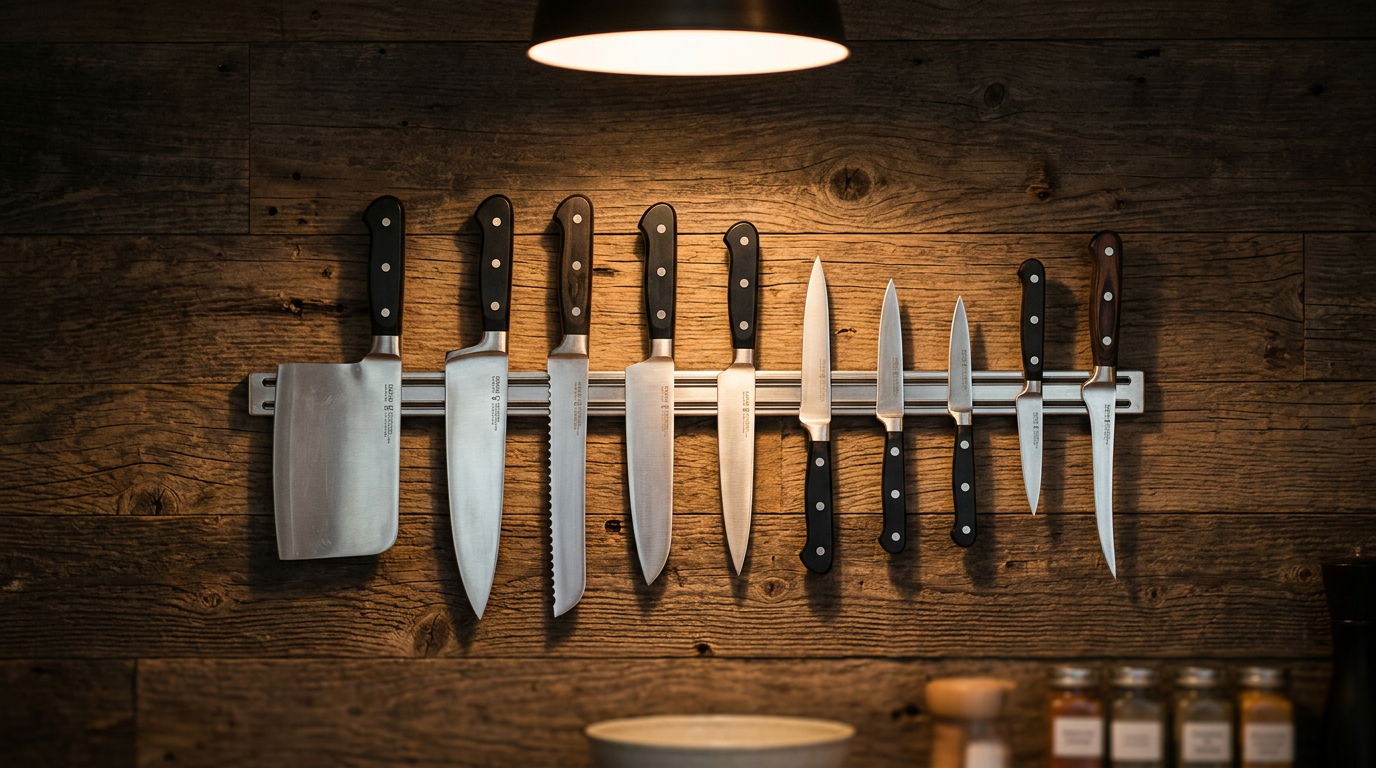 Pierre à aiguiser : L'art d'aiguiser vos couteaux Une barre magnétique fixée au mur pour ranger des couteaux de cuisine – pierre à aiguiser