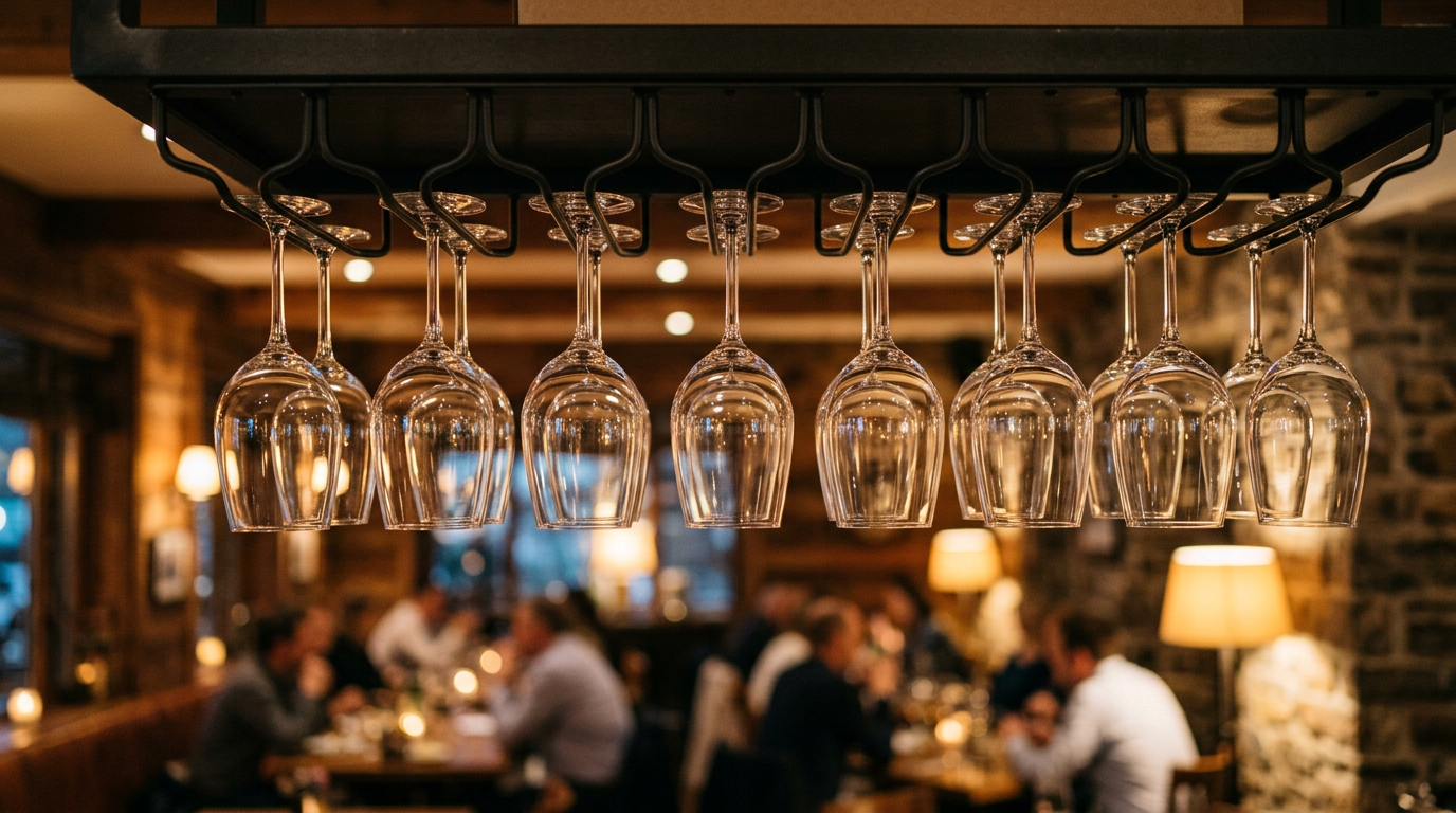 Lave-Verres Professionnel Bar & Restaurant : Guide Ultime Verres à vin étincelants rangés au-dessus d'un bar de restaurant – lave verres professionnel bar restaurant
