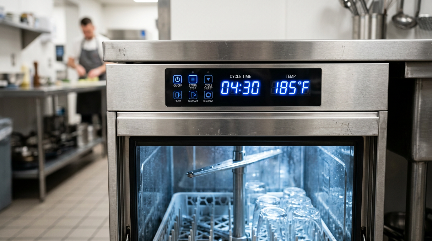 Lave-Verres Professionnel Bar & Restaurant : Guide Ultime Panneau de contrôle numérique d'un lave-verres moderne en inox – lave verres professionnel bar restaurant