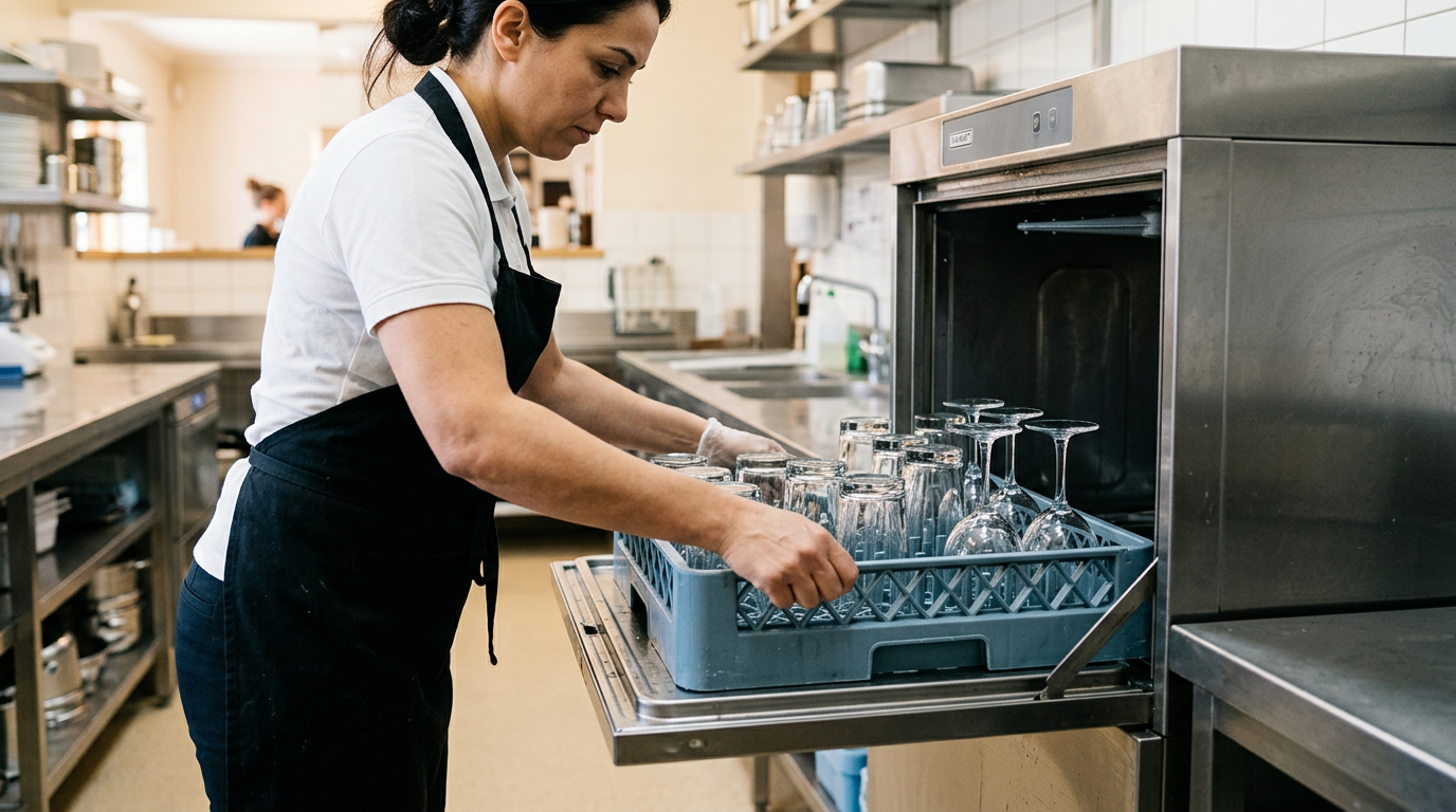 Lave-Verres Professionnel Bar & Restaurant : Guide Ultime Employé de restauration insérant un panier de verres dans la machine – lave verres professionnel bar restaurant