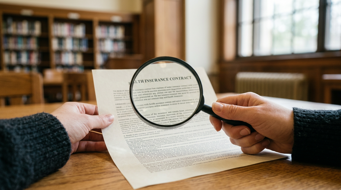 Une loupe posée sur un contrat de mutuelle pour mieux lire les détails – lexique assurance santé
