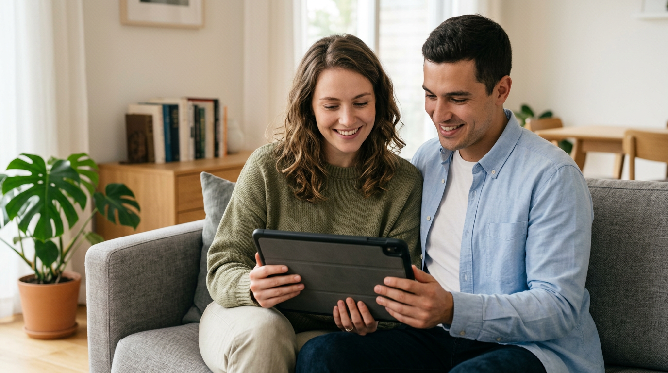 Un couple consultant ses offres de mutuelle en ligne sereinement – lexique assurance santé