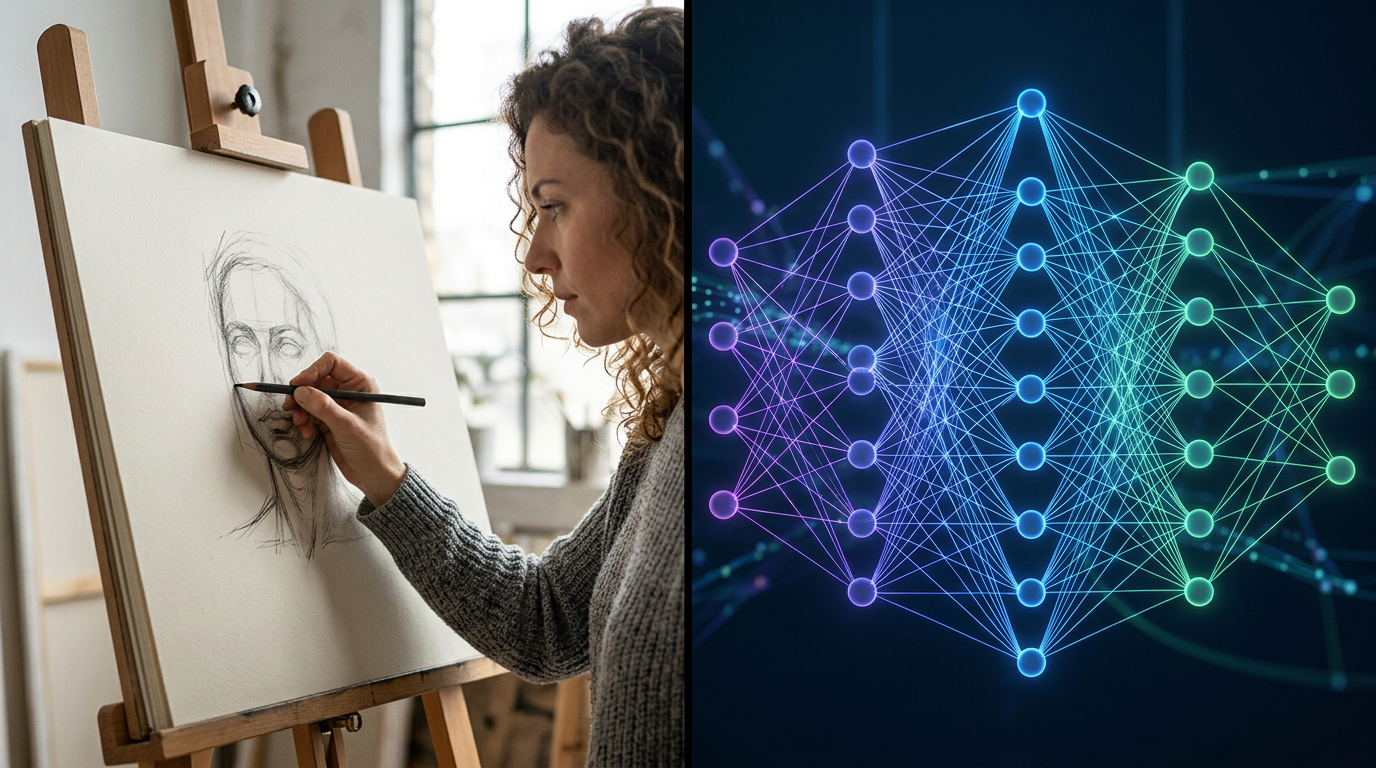 Représentation de l'hybridation entre l'expertise humaine et la puissance de l'IA – liens via AI-generated content