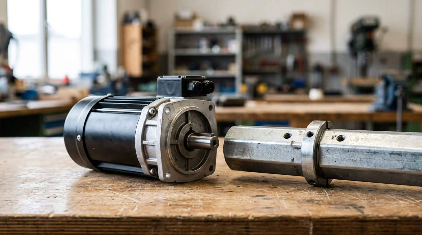 Moteur de volet roulant et son axe en acier sur un plan de travail – motoriser un volet roulant