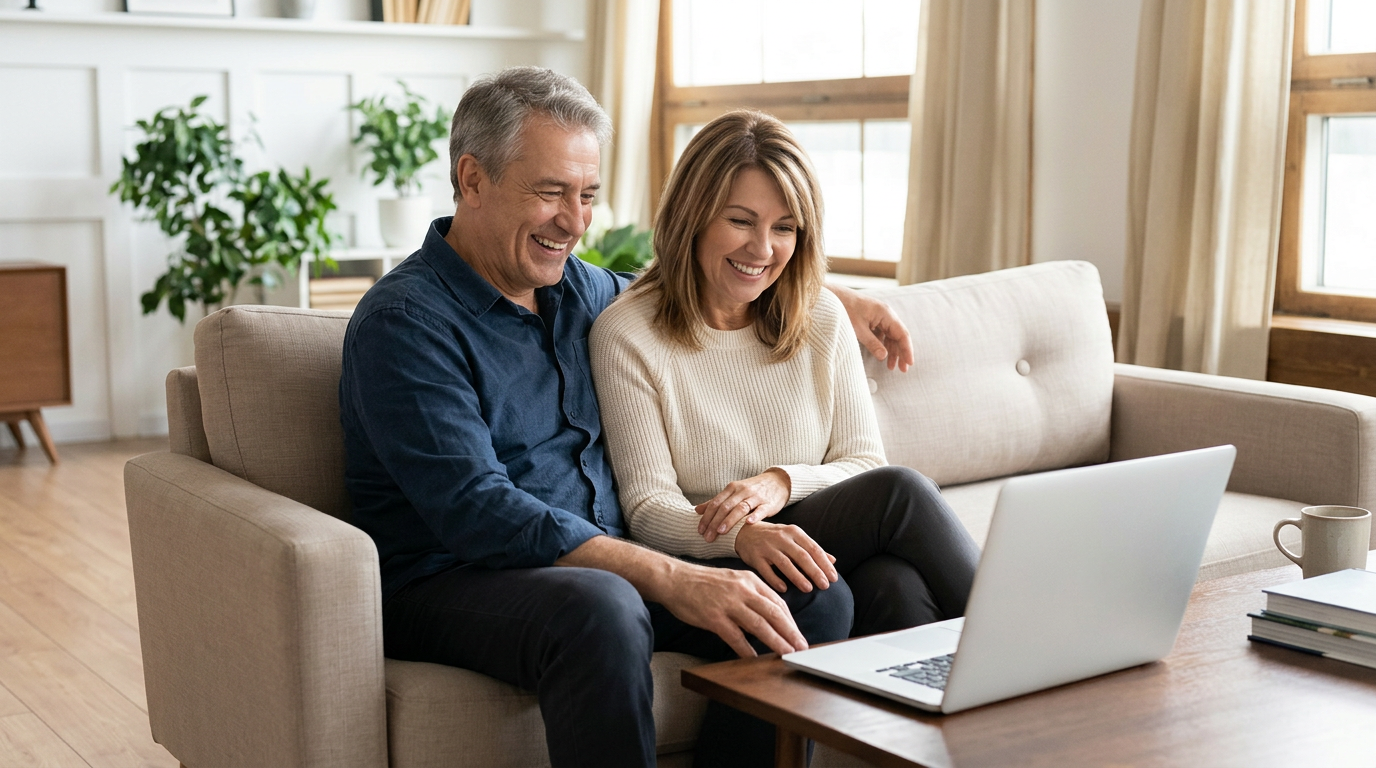 Un couple de seniors compare les offres d'assurance sur internet – mutuelle collective individuelle