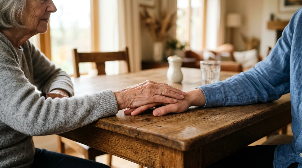 Mains d'une personne âgée et d'un proche, symbolisant l'Habilitation familiale : comment protéger un parent âgé sans passer par la tutelle.