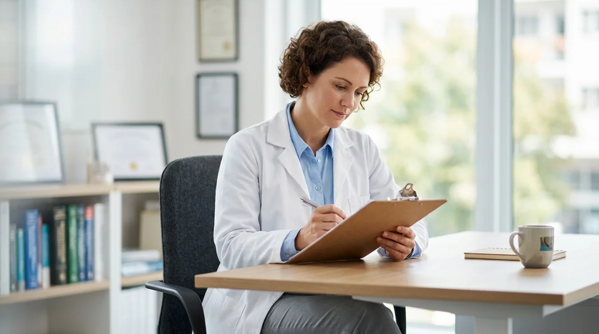 Médecin rédigeant sur un formulaire pour l'Habilitation familiale : comment protéger un parent âgé sans passer par la tutelle.